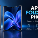 Apple foldable phone concept showing an open folding smartphone with a large blue display and a closed device with a dual-camera design.