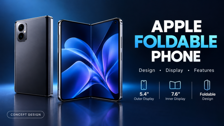 Apple foldable phone concept showing an open folding smartphone with a large blue display and a closed device with a dual-camera design.