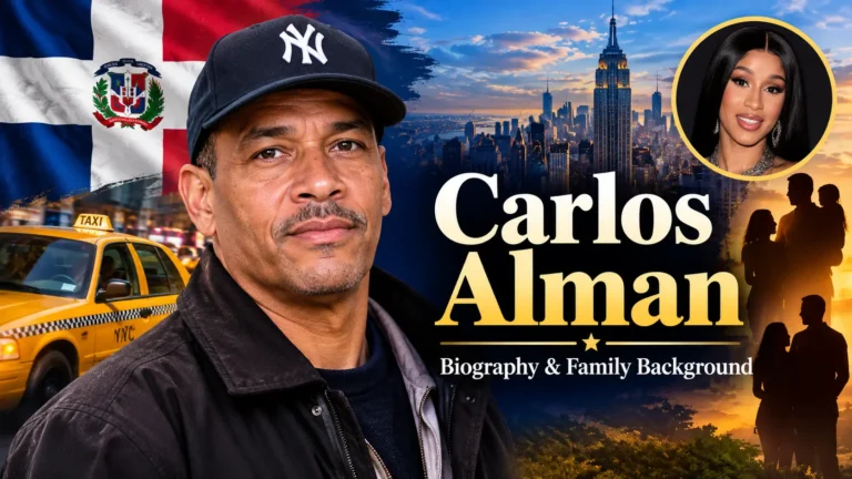Carlos Alman biography feature graphic with a Dominican flag, New York City skyline, and Cardi B portrait inset.