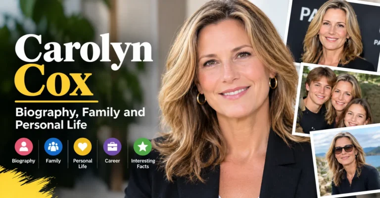 Carolyn Cox biography thumbnail featuring a portrait and text about family and personal life