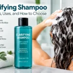 Clarifying shampoo bottle beside a person washing their hair, illustrating deep cleansing and hair care benefits.