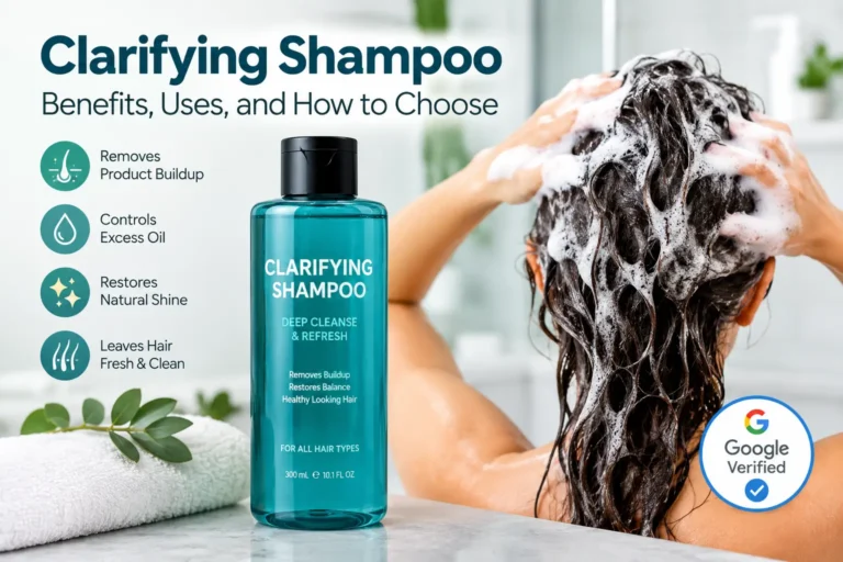 Clarifying shampoo bottle beside a person washing their hair, illustrating deep cleansing and hair care benefits.