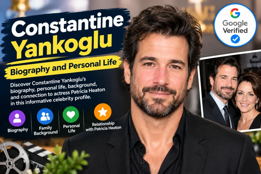 Constantine Yankoglu biography feature graphic highlighting his personal life and connection to actress Patricia Heaton.