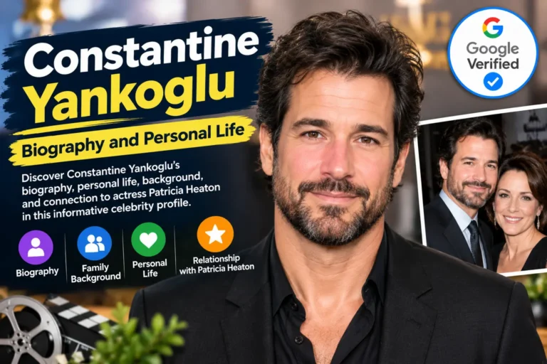 Constantine Yankoglu biography feature graphic highlighting his personal life and connection to actress Patricia Heaton.