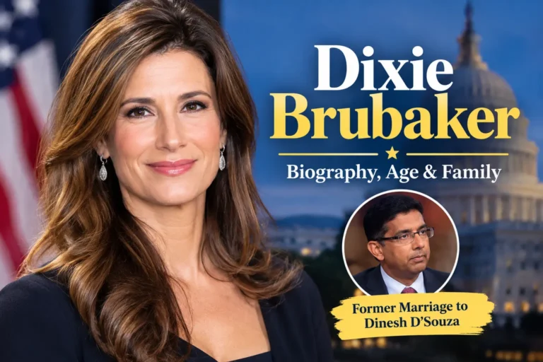 Dixie Brubaker biography feature image with a blue background, Capitol dome, and Dinesh D’Souza inset portrait.