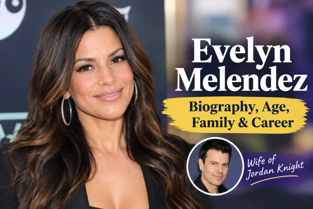 Evelyn Melendez biography feature graphic with text about her age, family, career, and marriage to Jordan Knight.