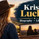 Kristin Luckey biography feature image with a country-style sunset, acoustic guitar, cowboy hat, and family-themed visuals.