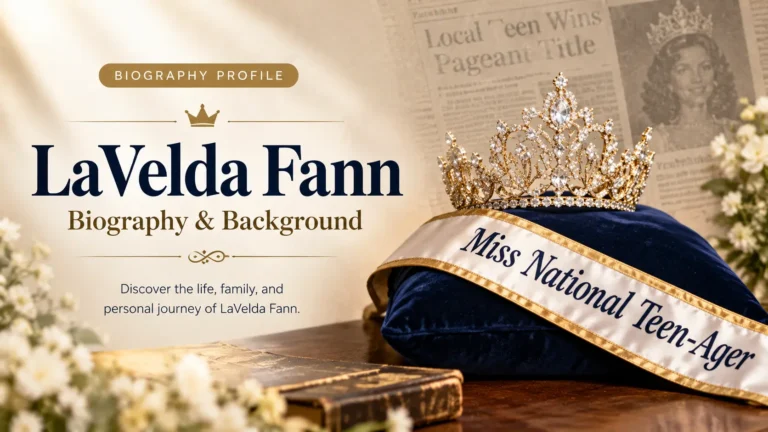 LaVelda Fann biography feature image with a golden crown, Miss National Teen-Ager sash, and vintage newspaper background.