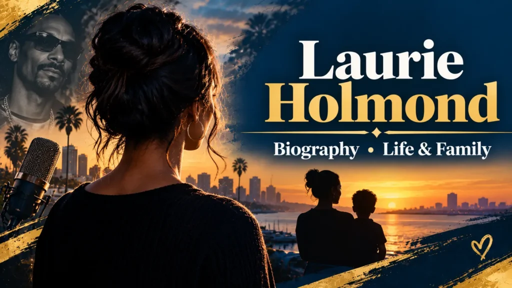 Laurie Holmond biography feature banner with a life and family theme and references to her connection to Snoop Dogg.