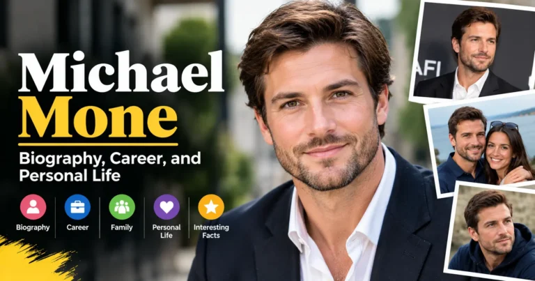 Michael Mone biography thumbnail featuring a man's portrait and text about his career and personal life
