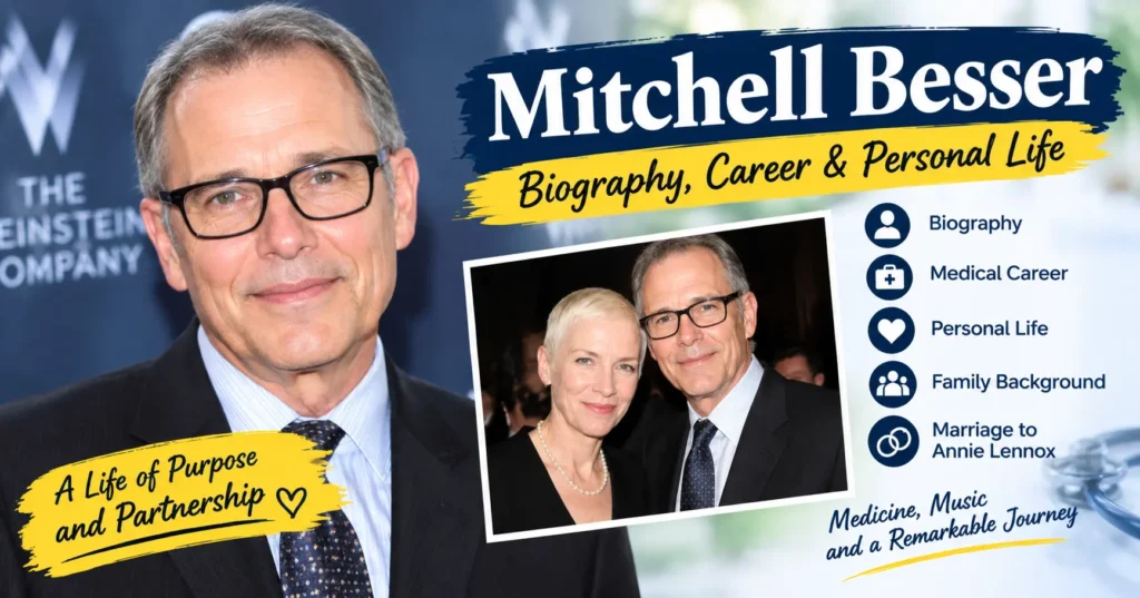 Mitchell Besser biography feature image highlighting his medical career, personal life, and marriage to Annie Lennox.