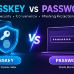 Passkey vs password comparison infographic showing biometric authentication, a digital security key, and a traditional password login.