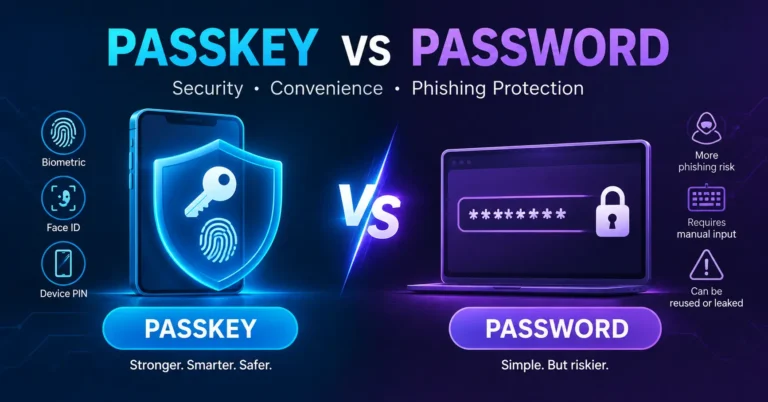 Passkey vs password comparison infographic showing biometric authentication, a digital security key, and a traditional password login.