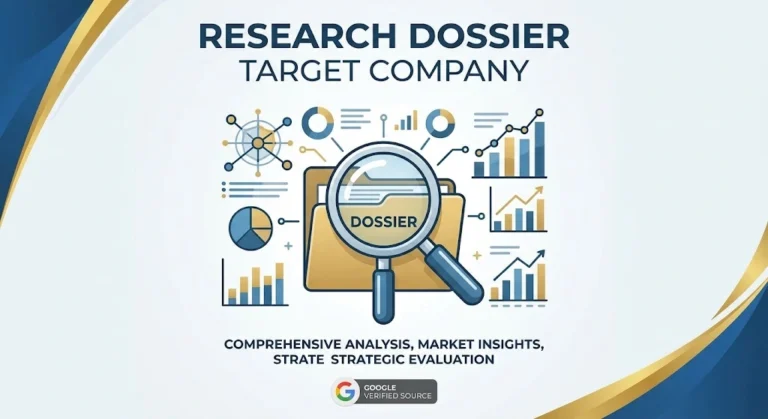 Research dossier for target company with business reports, market analysis, and company research documents