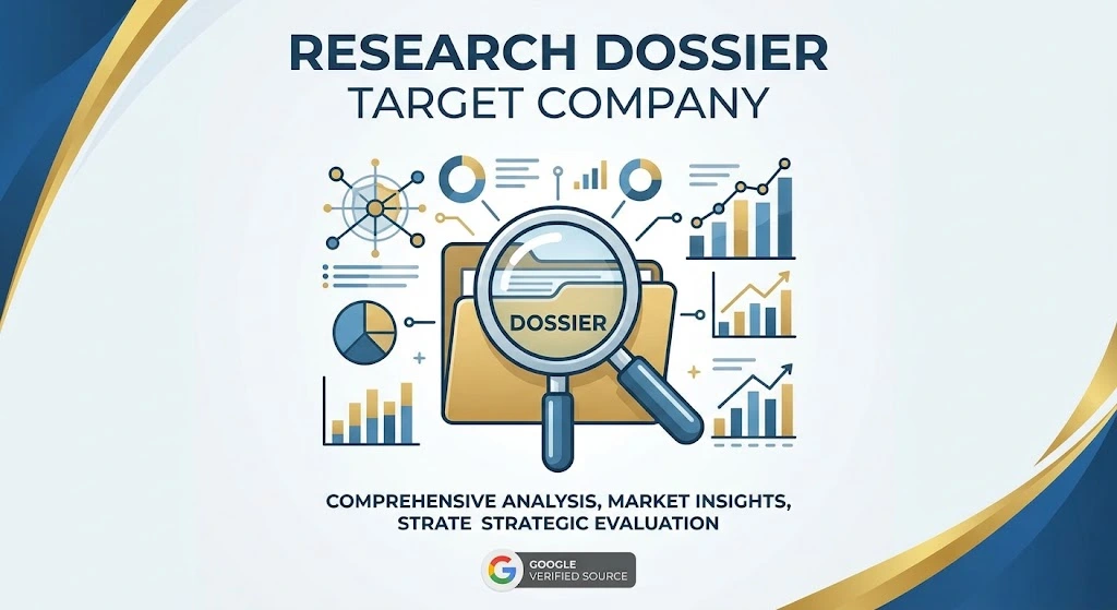 Research dossier for target company with business reports, market analysis, and company research documents
