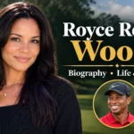 Royce Renee Woods biography banner featuring a green golf course background, gold typography, family-themed imagery, and a Tiger Woods reference.
