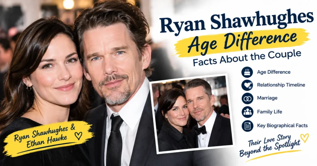 Ryan Shawhughes age difference feature image highlighting her relationship and family life with Ethan Hawke.