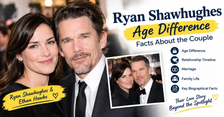Ryan Shawhughes age difference feature image highlighting her relationship and family life with Ethan Hawke.