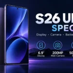 Samsung Galaxy S26 Ultra specs feature image showing the smartphone design, display, 200MP main camera, and 5000mAh battery.