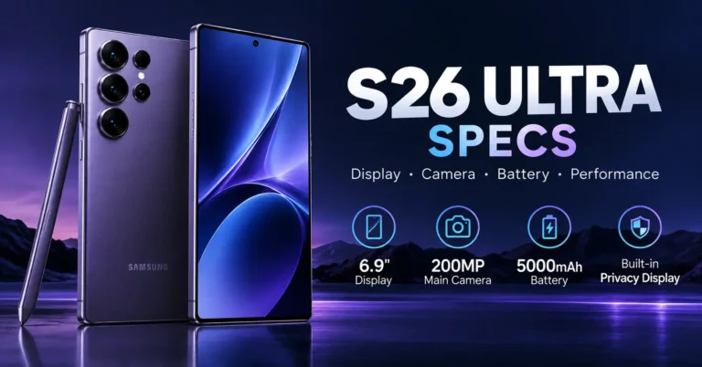 Samsung Galaxy S26 Ultra specs feature image showing the smartphone design, display, 200MP main camera, and 5000mAh battery.