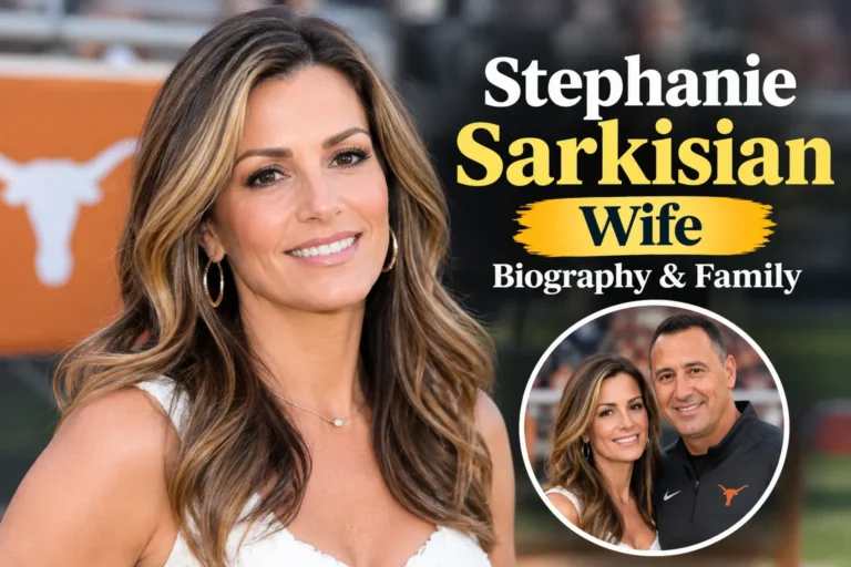 Stephanie Sarkisian Wife biography feature graphic with text about her family and marriage to Steve Sarkisian.