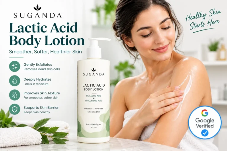 Suganda Lactic Acid Body Lotion bottle beside a woman applying lotion to her shoulder, illustrating exfoliating skincare and body hydration.