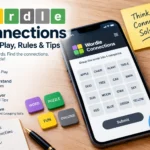 Wordle Connections puzzle game displayed on a smartphone with colorful tiles, showing how to play and group words into categories.