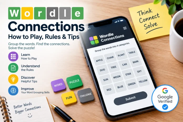 Wordle Connections puzzle game displayed on a smartphone with colorful tiles, showing how to play and group words into categories.